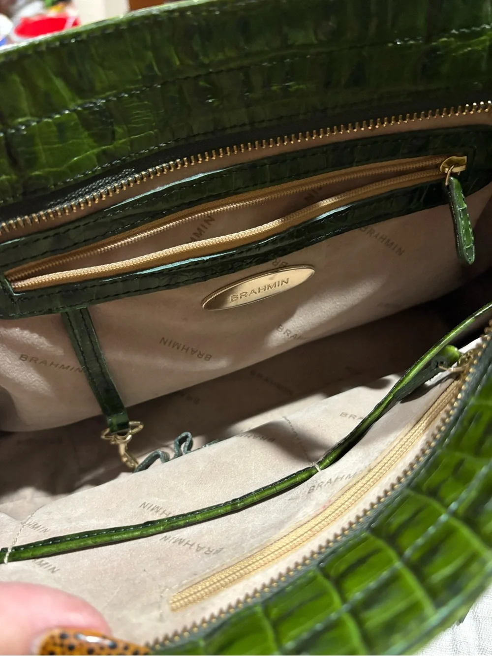 Brahmin Croc-Embossed Olive Green Satchel with Detachable Strap
